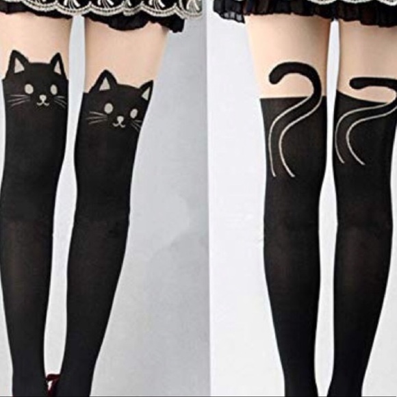 Lot of 5 pairs Cute Black Kitty Cat Stockings NWT - Picture 3 of 3